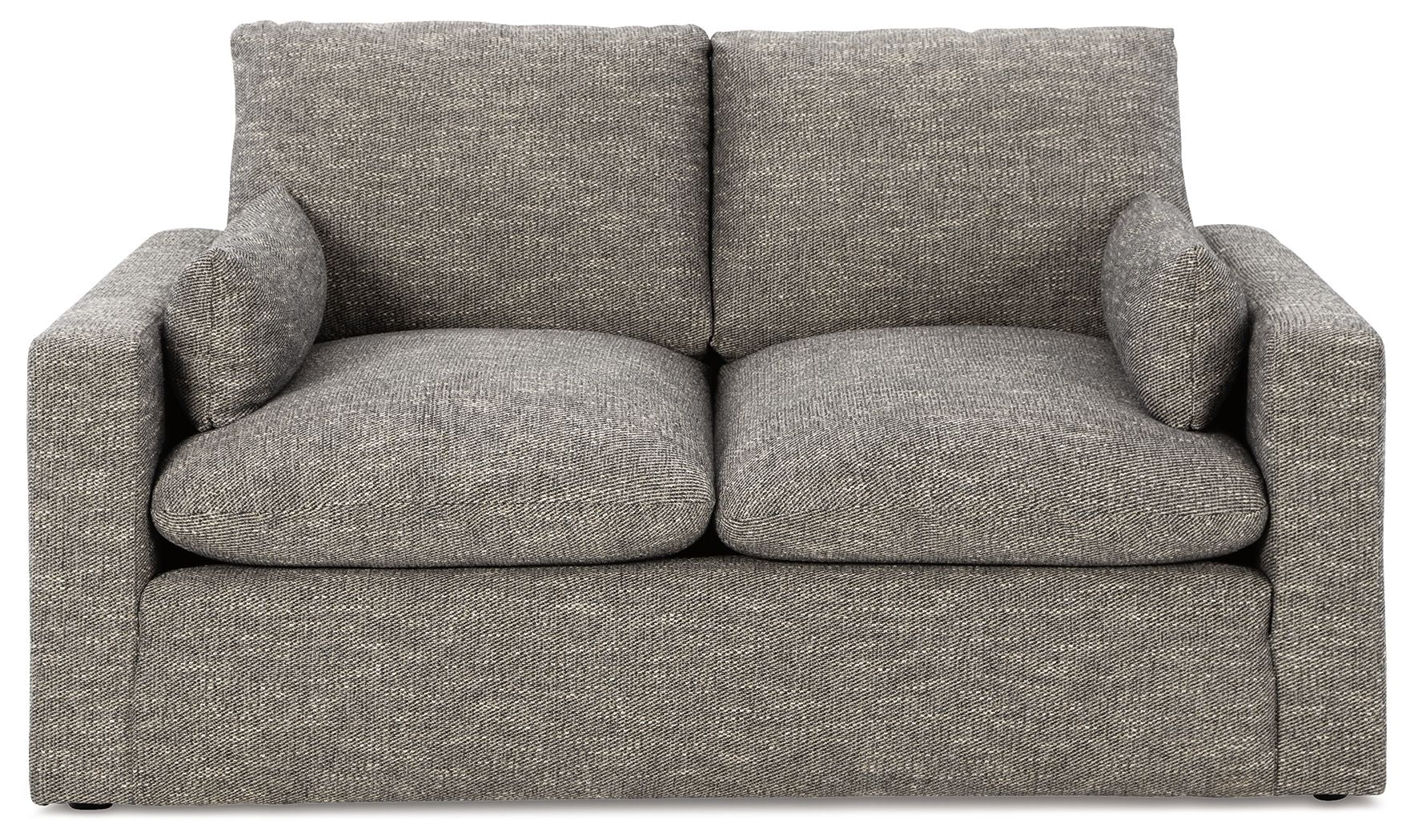 Granite upholstered loveseat with two seat cushions and rolled arms