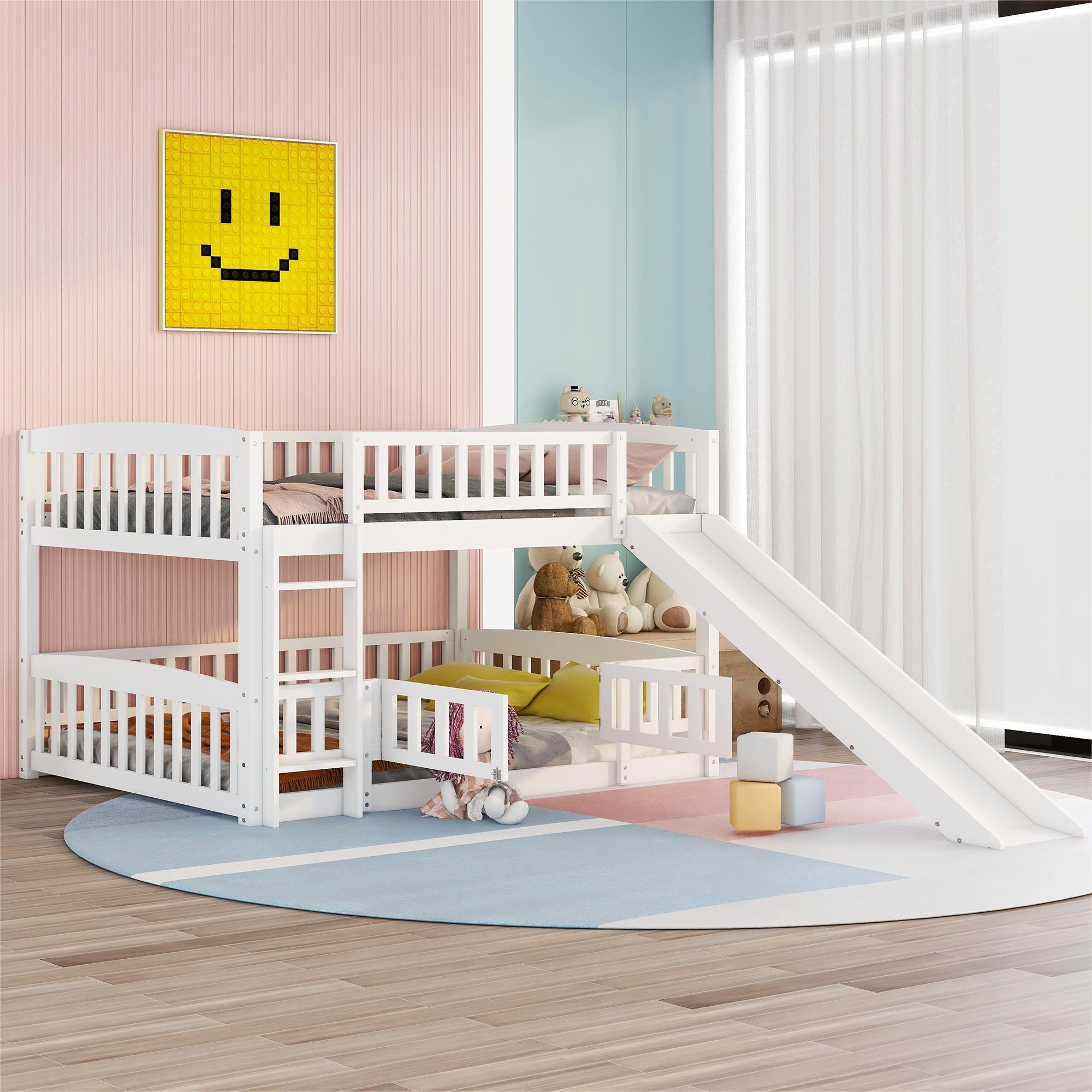 White Full Over Full Low Bunk Bed with Slide & Fence