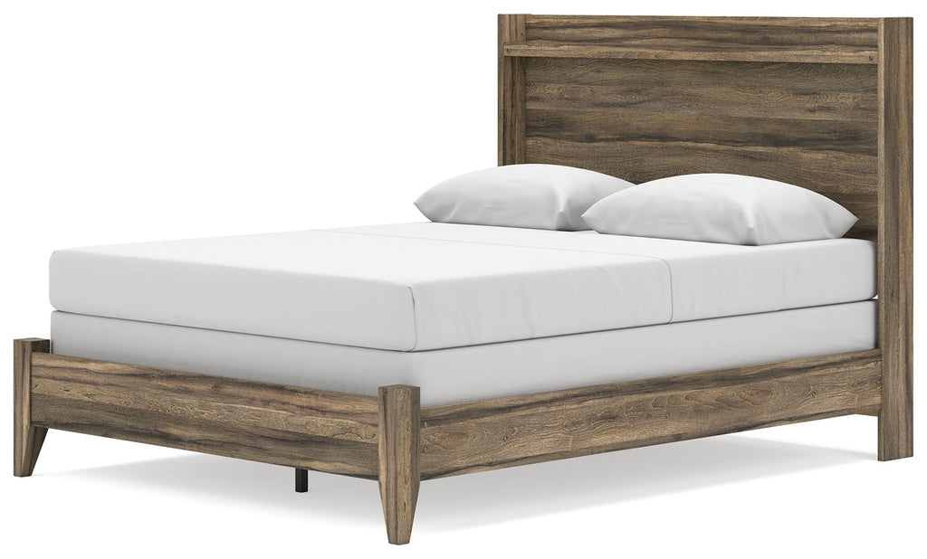 Panel bed with dark brown wood posts, slatted headboard and white mattress and pillows