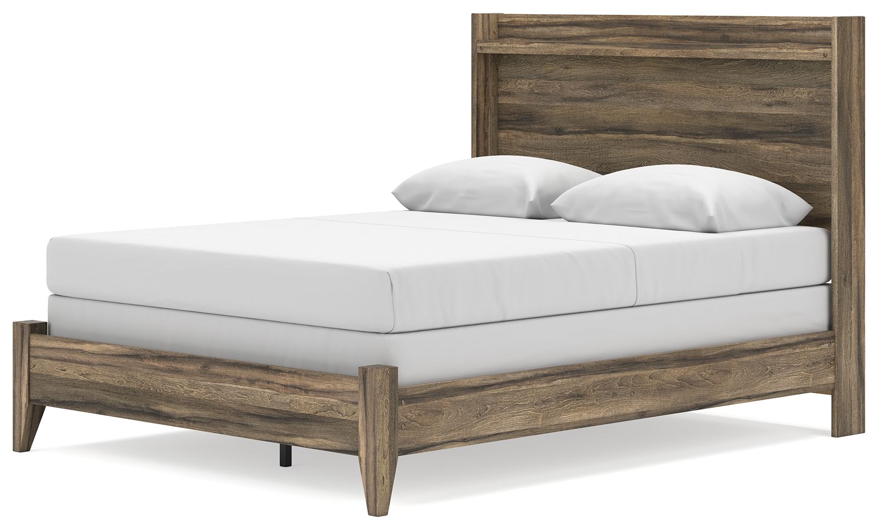 Panel bed with dark brown wood posts, slatted headboard and white mattress and pillows