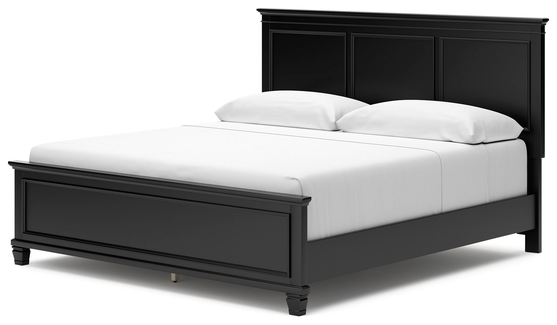 Black panel bed with rectangular storage drawer on the side and a white upholstered mattress.