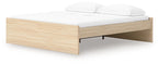 Platform bed with light brown wood frame and open side storage space