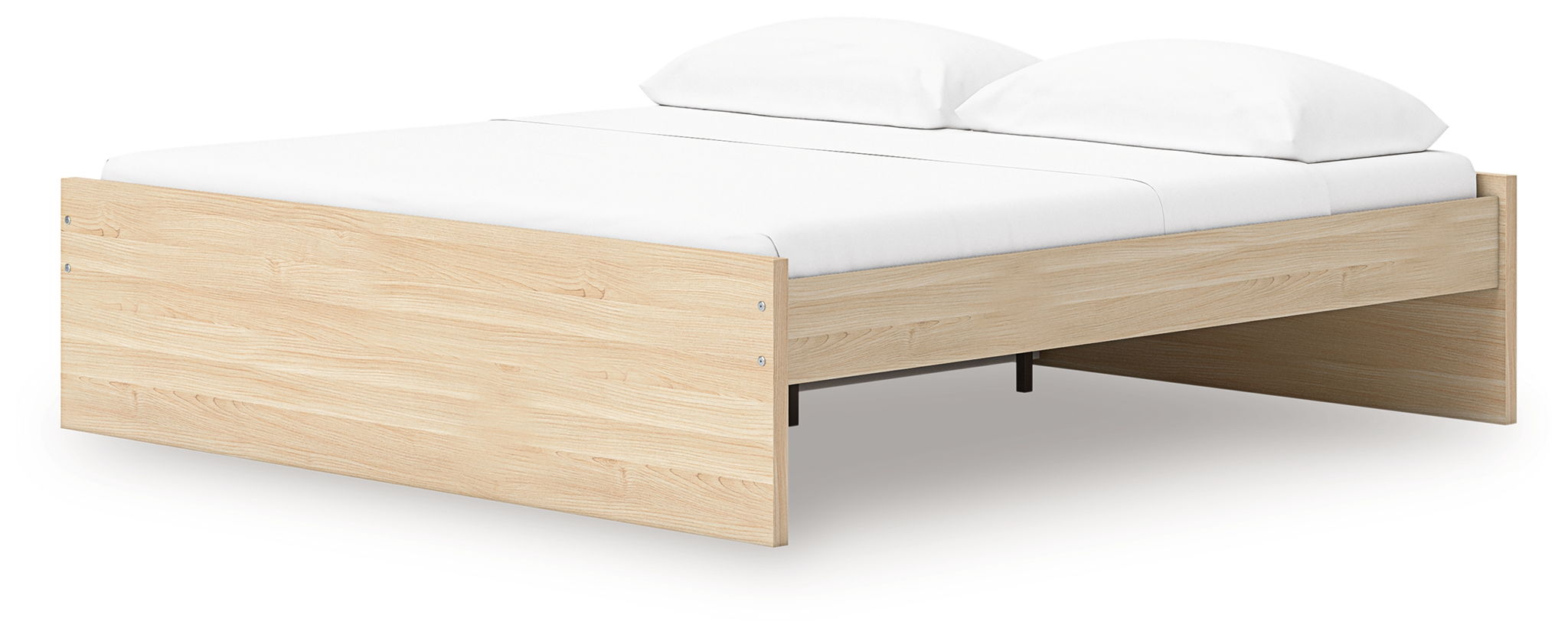 Platform bed with light brown wood frame and open side storage space