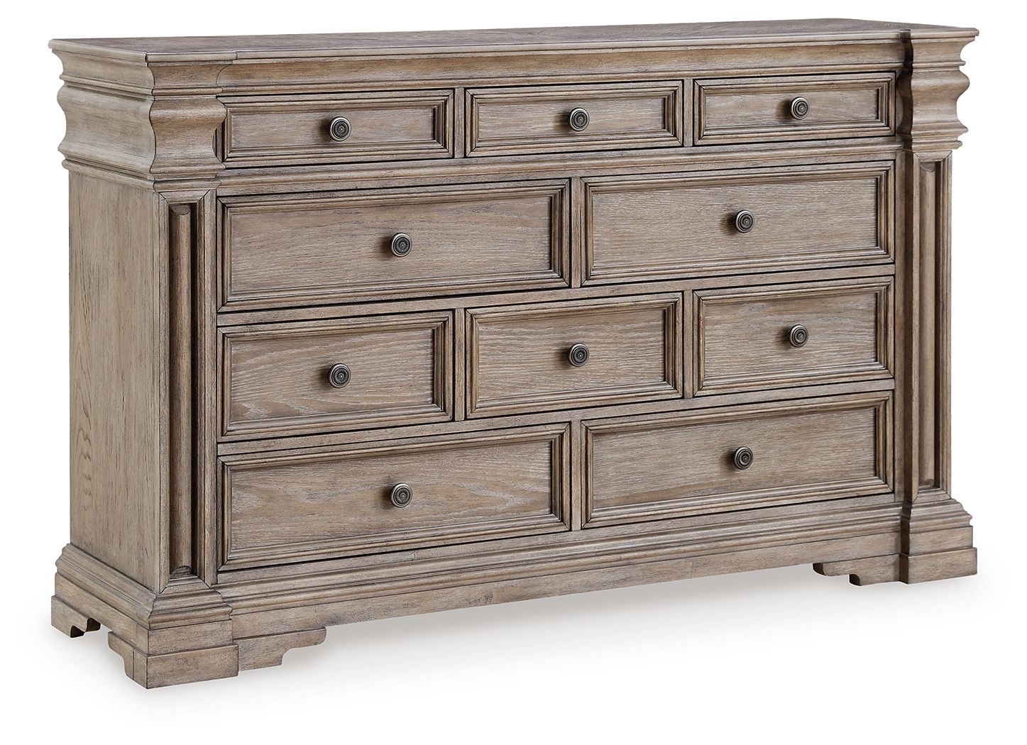 Gray wood dresser with multiple drawers and panel molding, dark round knobs