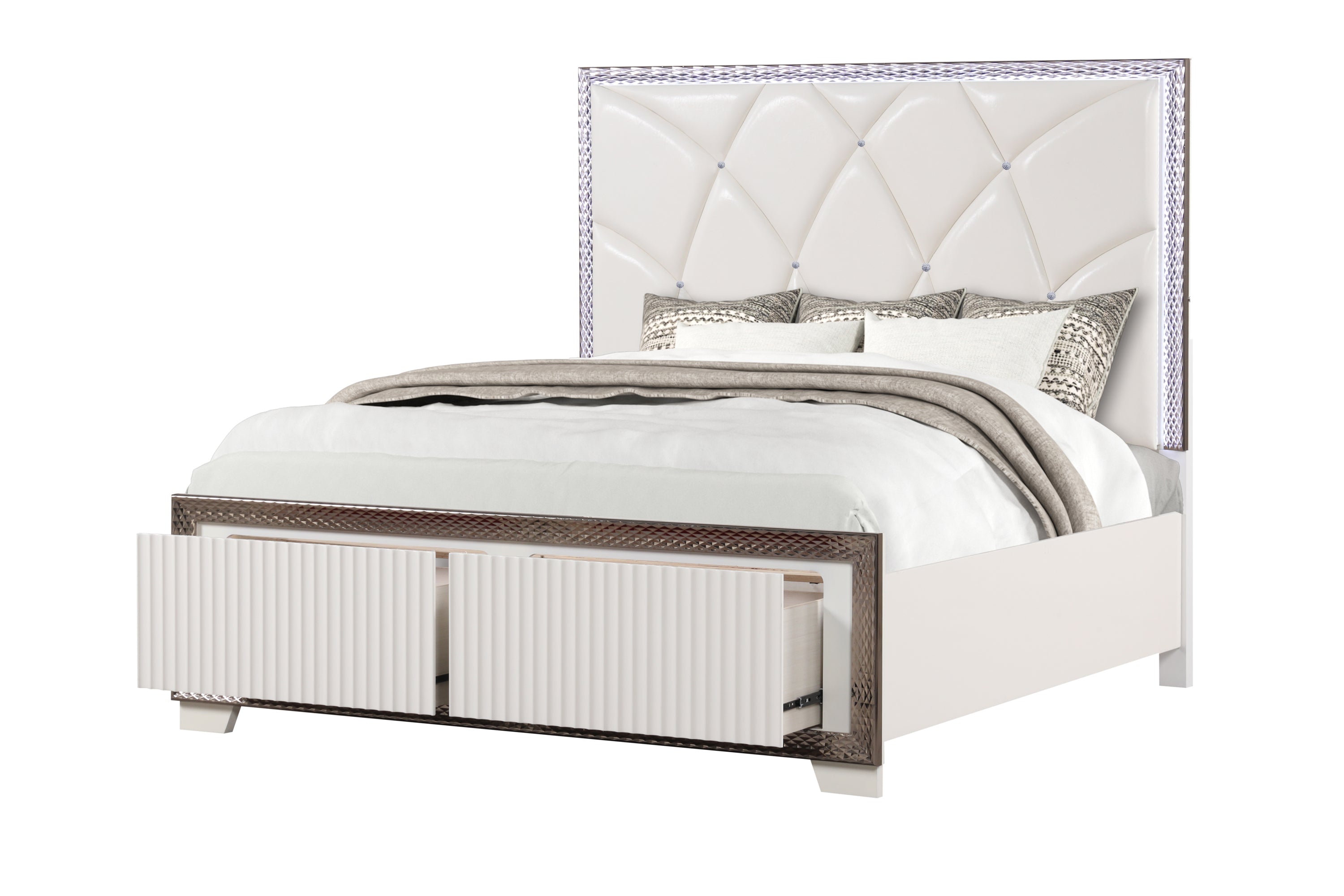 Fabio Contemporary King Tufted Bed | LED & Diamond Accents - White