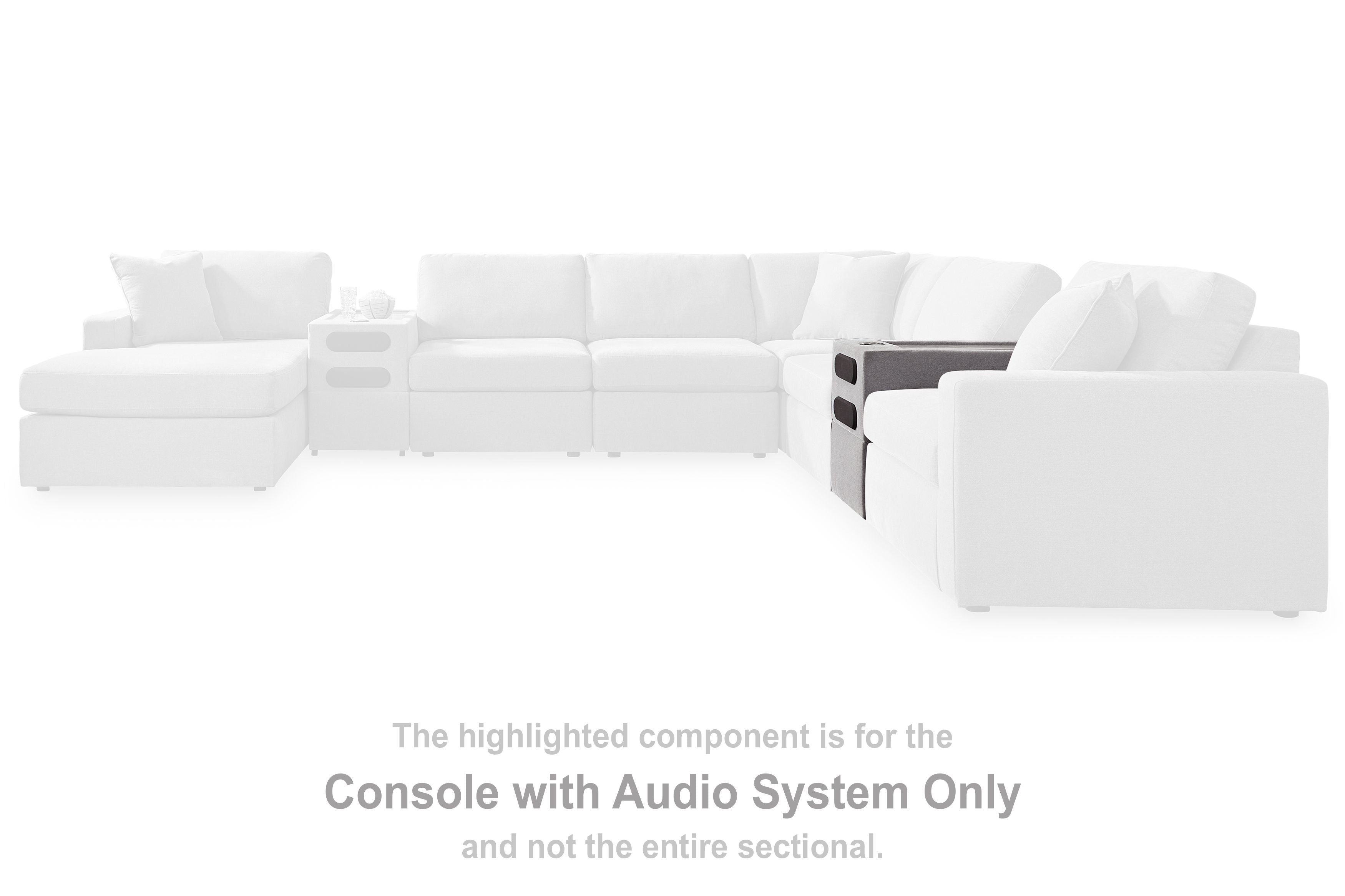 White sectional seating with highlighted console with audio system component