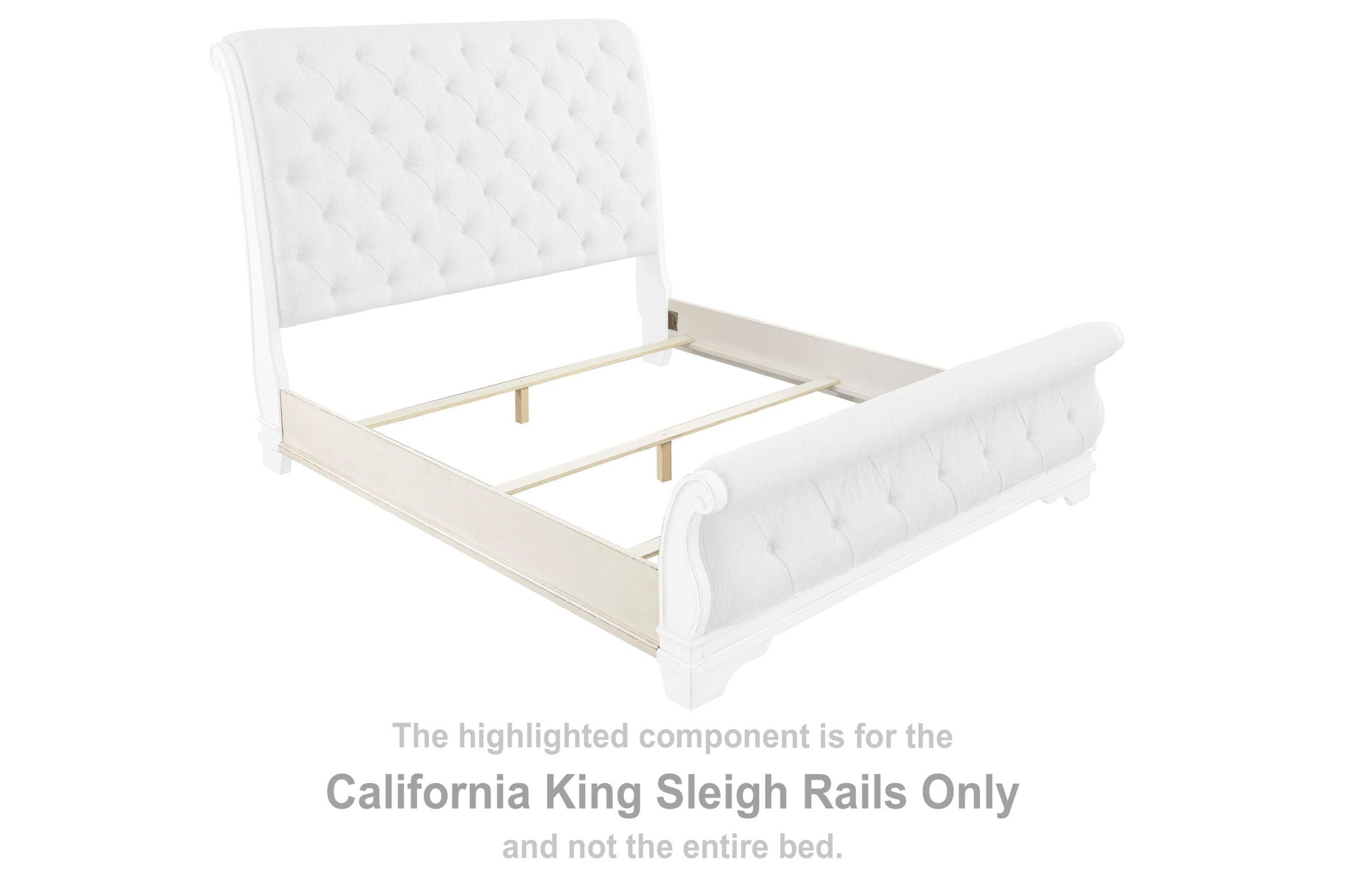 Chipped white California king sleigh bed rails with curved side posts and wooden slats