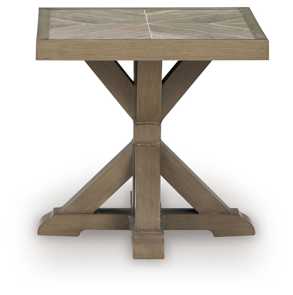 Beige square end table with square tabletop and sturdy X-frame base