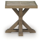 Beige square end table with square tabletop and sturdy X-frame base