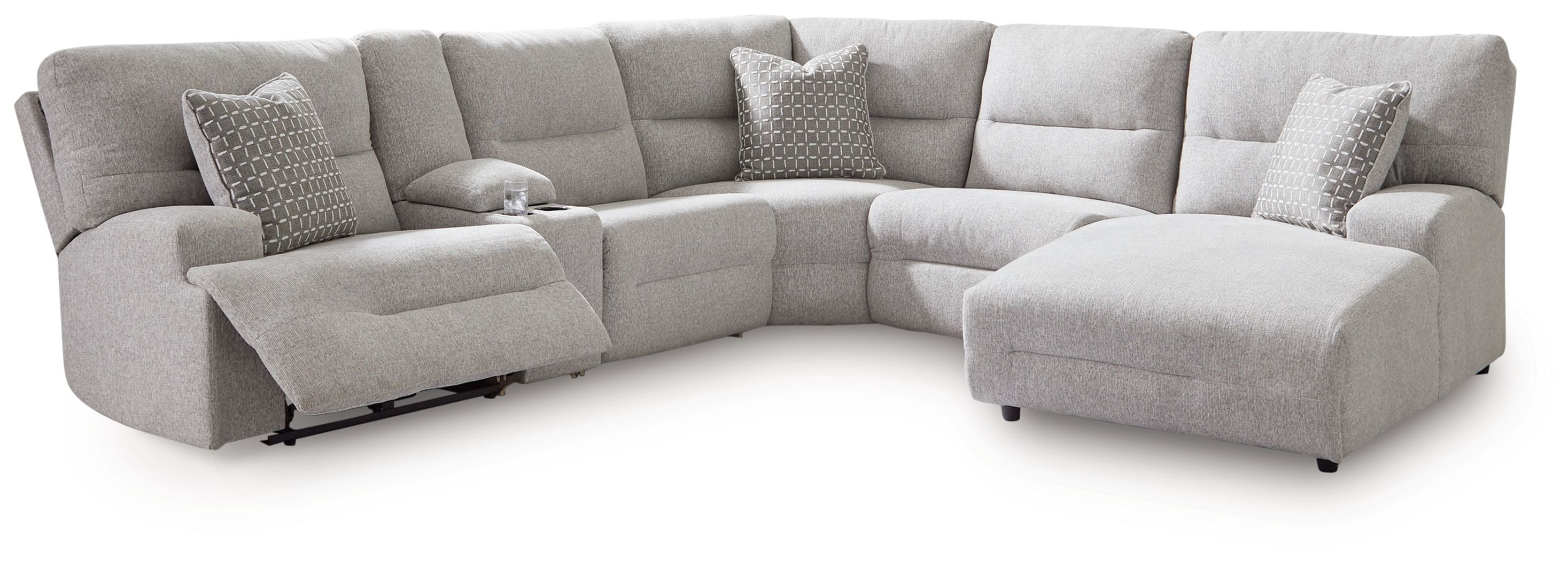 Pewter reclining sectional sofa with chaise and padded back cushions, four-seat layout