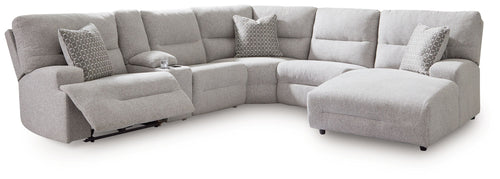 Pewter reclining sectional sofa with chaise and padded back cushions, four-seat layout