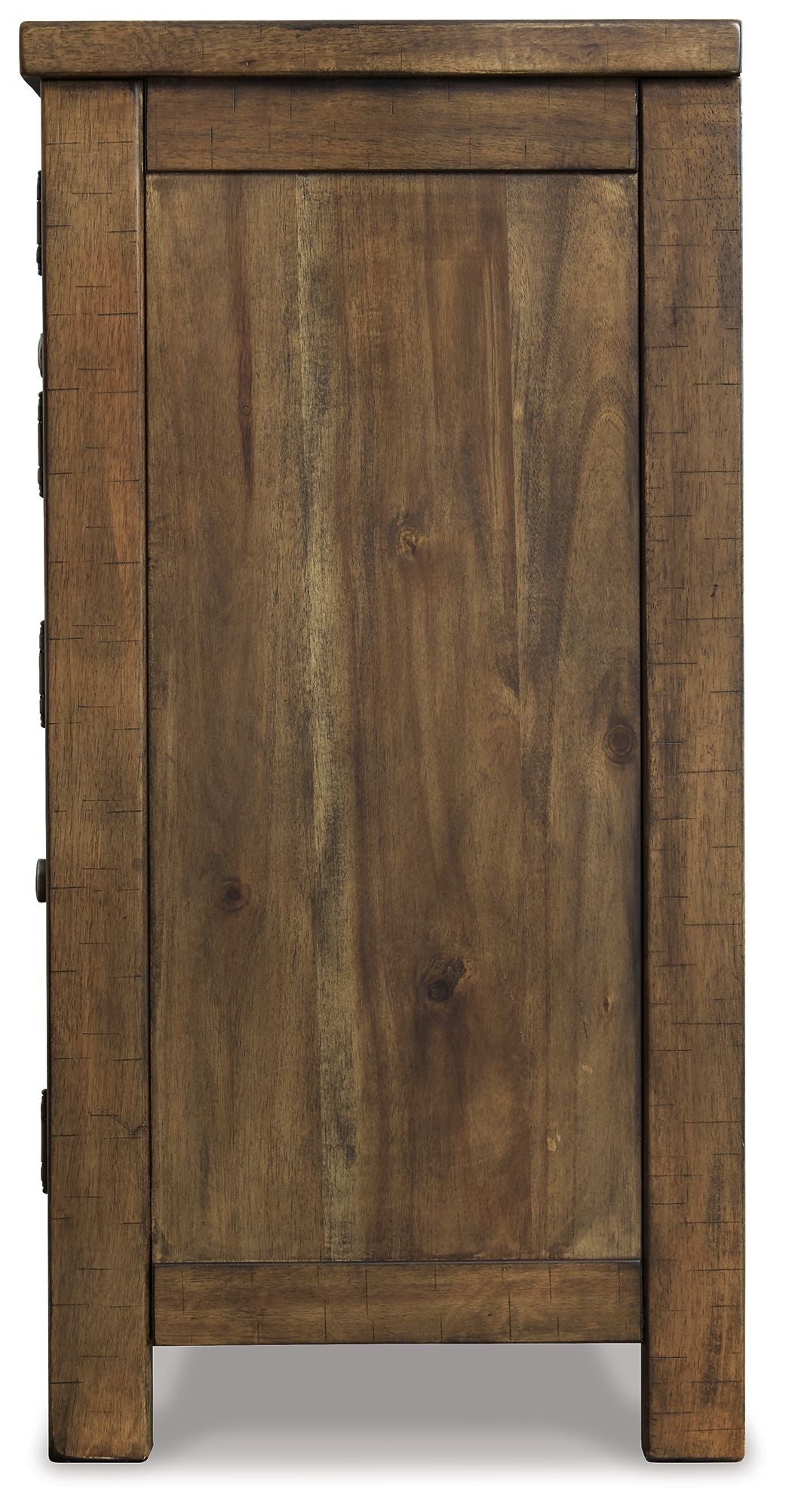 Grayish brown dining room server cabinet with hinged door and metal knob, side view.