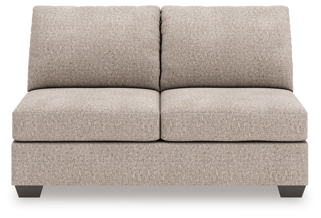 Beige armless loveseat with two seat cushions and rounded back