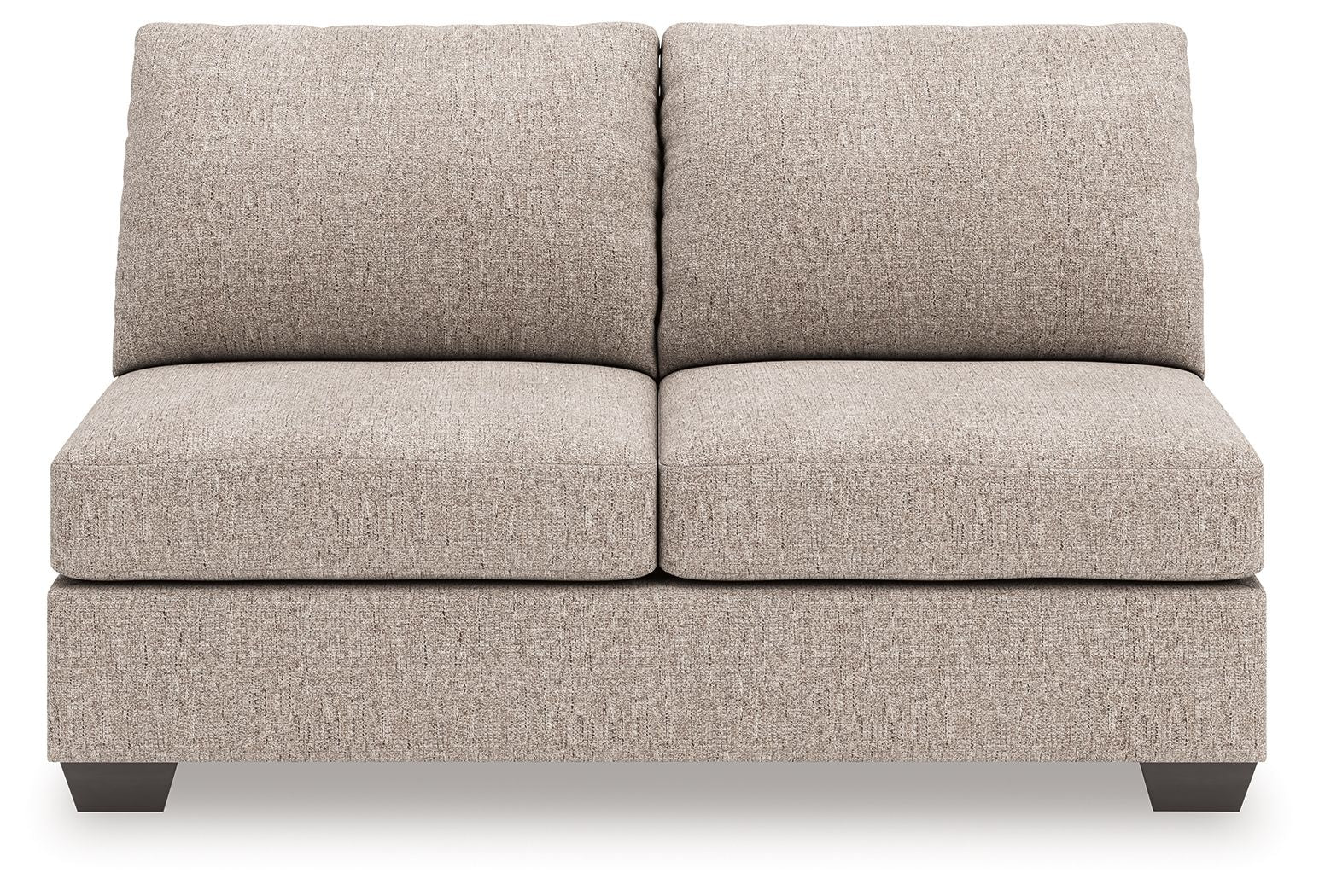 Beige armless full sleeper loveseat with two seat cushions and two back cushions