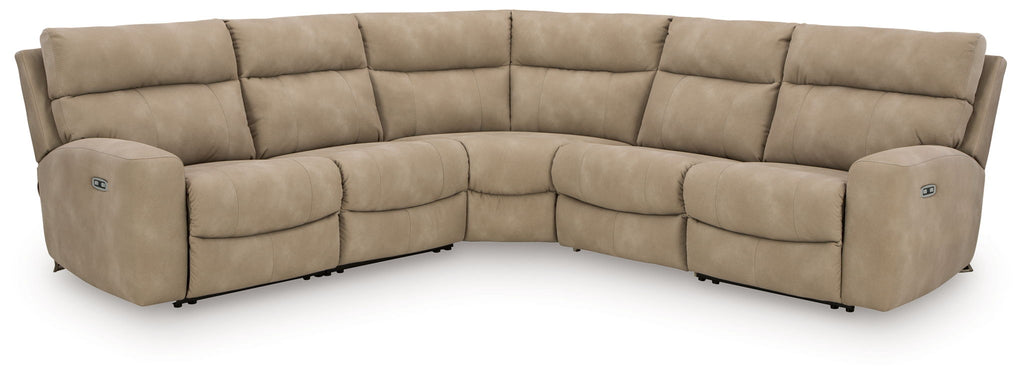 Beige power reclining sectional sofa with corner chaise and cushioned side recliner arms