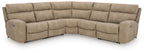 Beige power reclining sectional sofa with corner chaise and cushioned side recliner arms