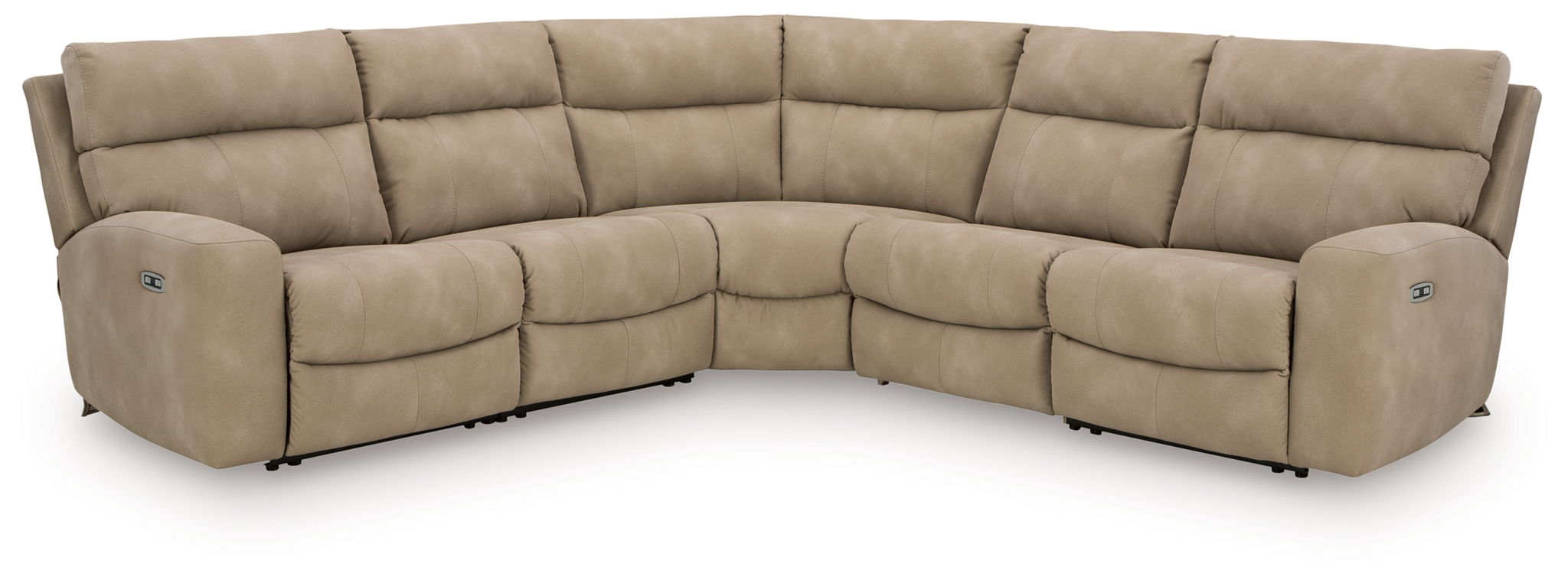 Beige power reclining sectional sofa with corner chaise and cushioned side recliner arms