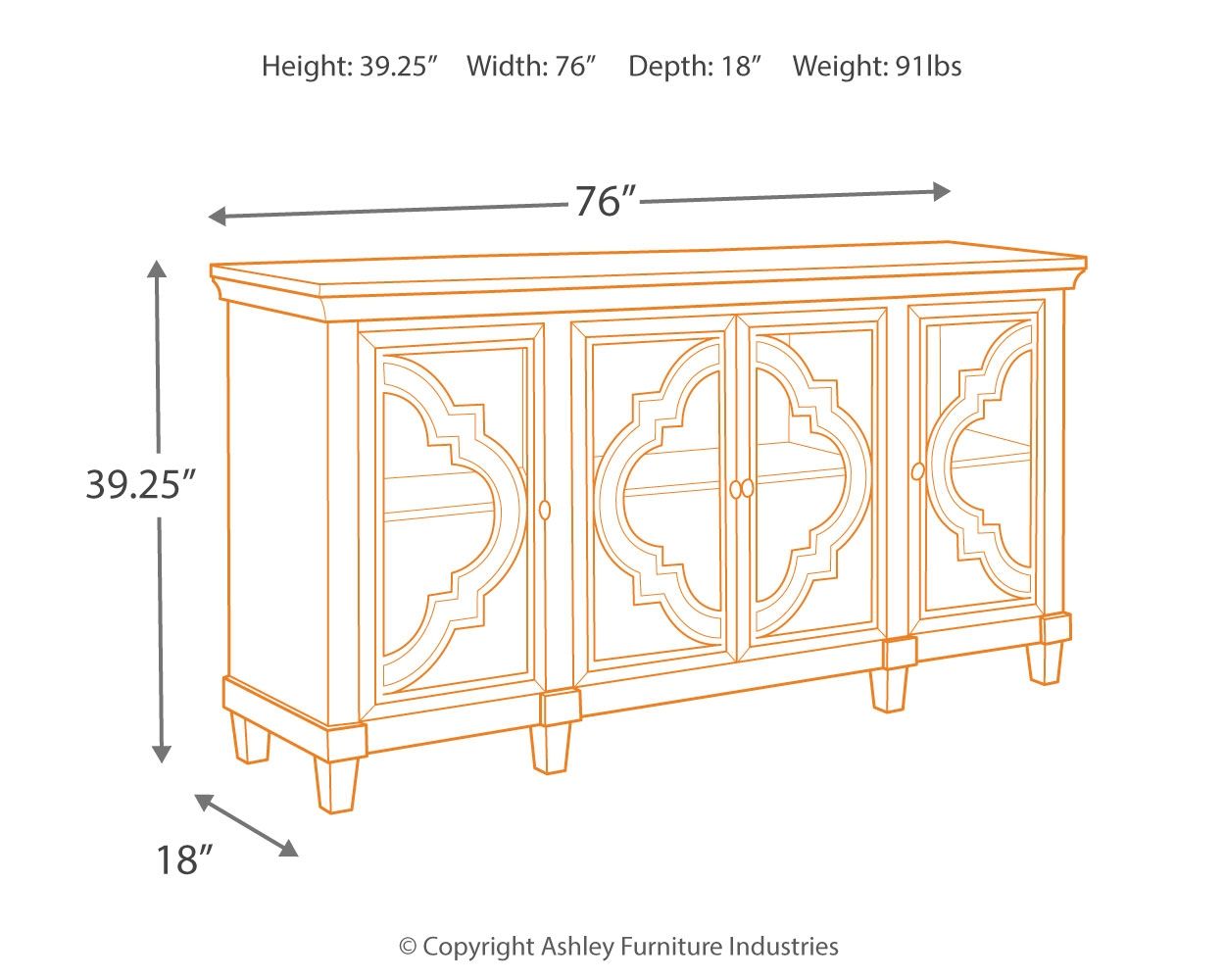 Accent cabinet diagram with dimensions, four door fronts and geometric cutouts