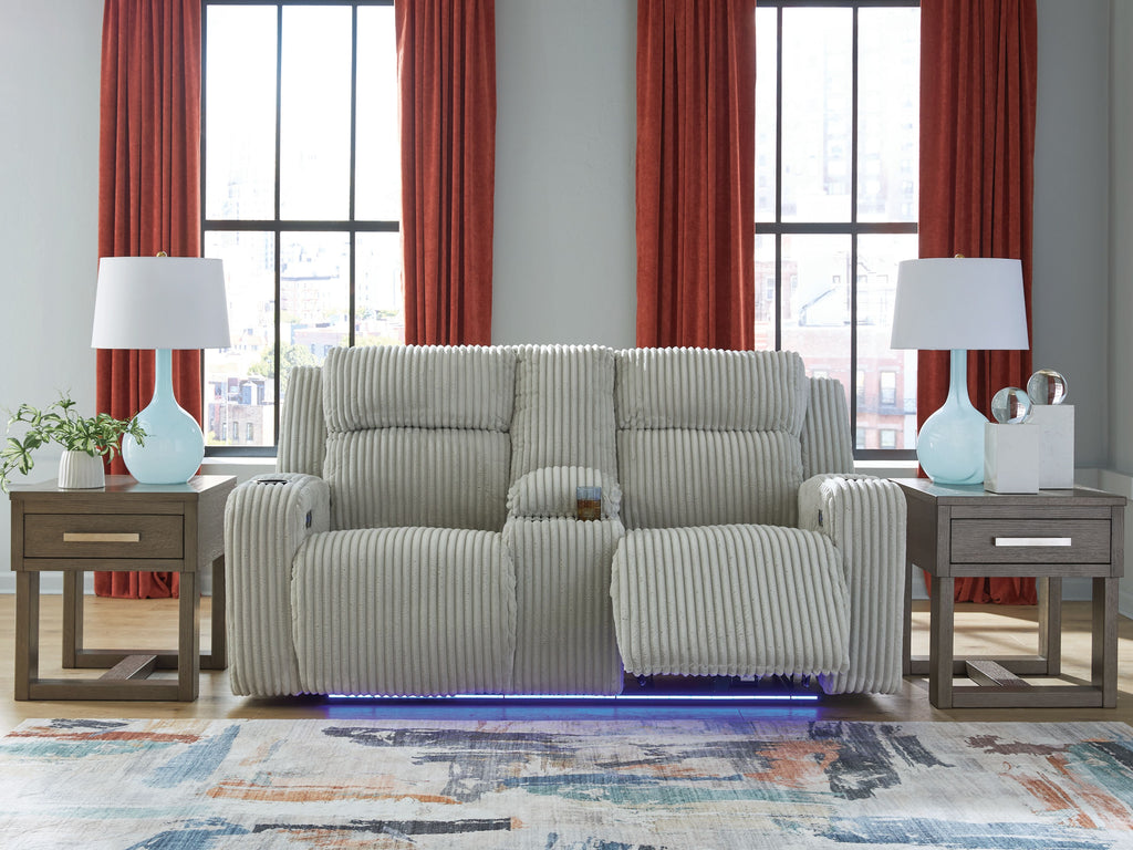 Power reclining loveseat with console armrests and adjustable headrests, gray ribbed upholstery
