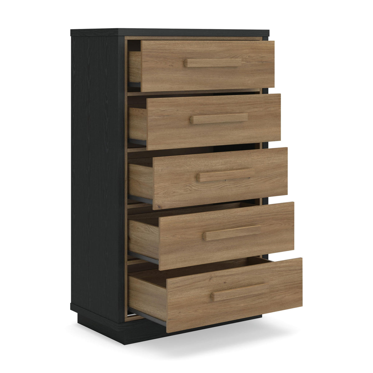 Five-drawer chest, angled view, showing five light brown drawers with bar pulls