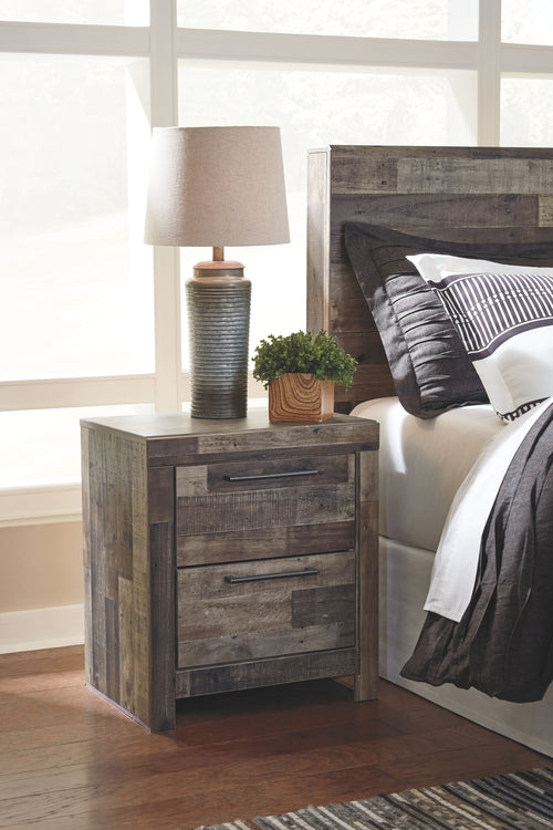 Two-drawer night stand, gray wood-look with two drawers and bar handles.