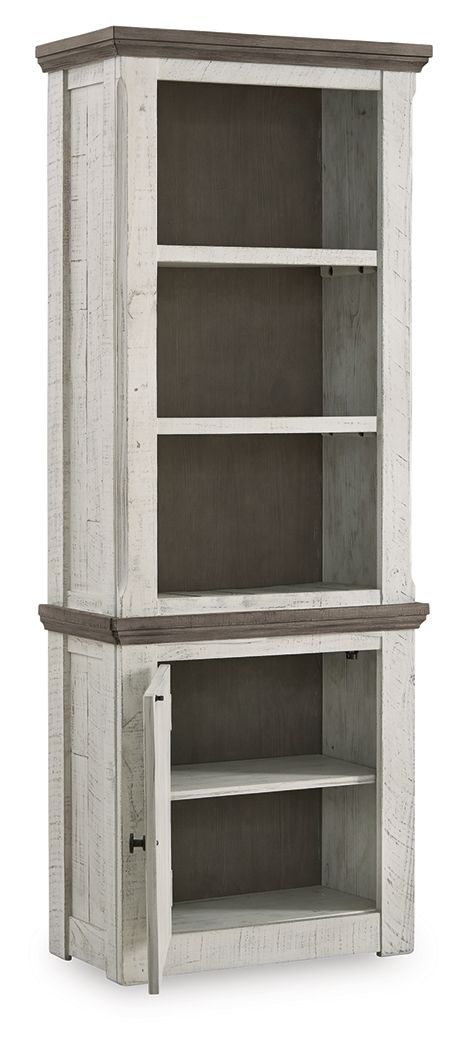 Left pier cabinet with three open shelves and lower open cubby, gray-beige finish