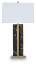 Black marble table lamp with tall gold legs and white rectangular shade