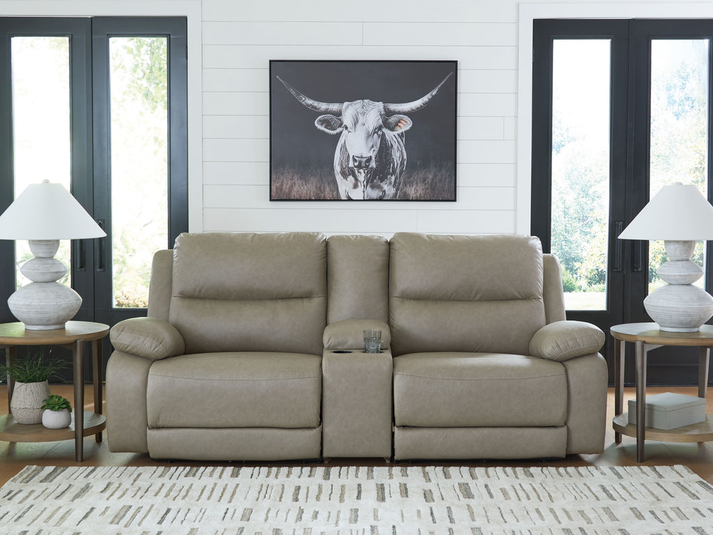 Pebble power reclining sectional sofa with two reclining seats and padded back headrests