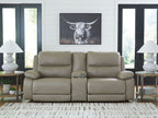 Pebble power reclining sectional sofa with two reclining seats and padded back headrests