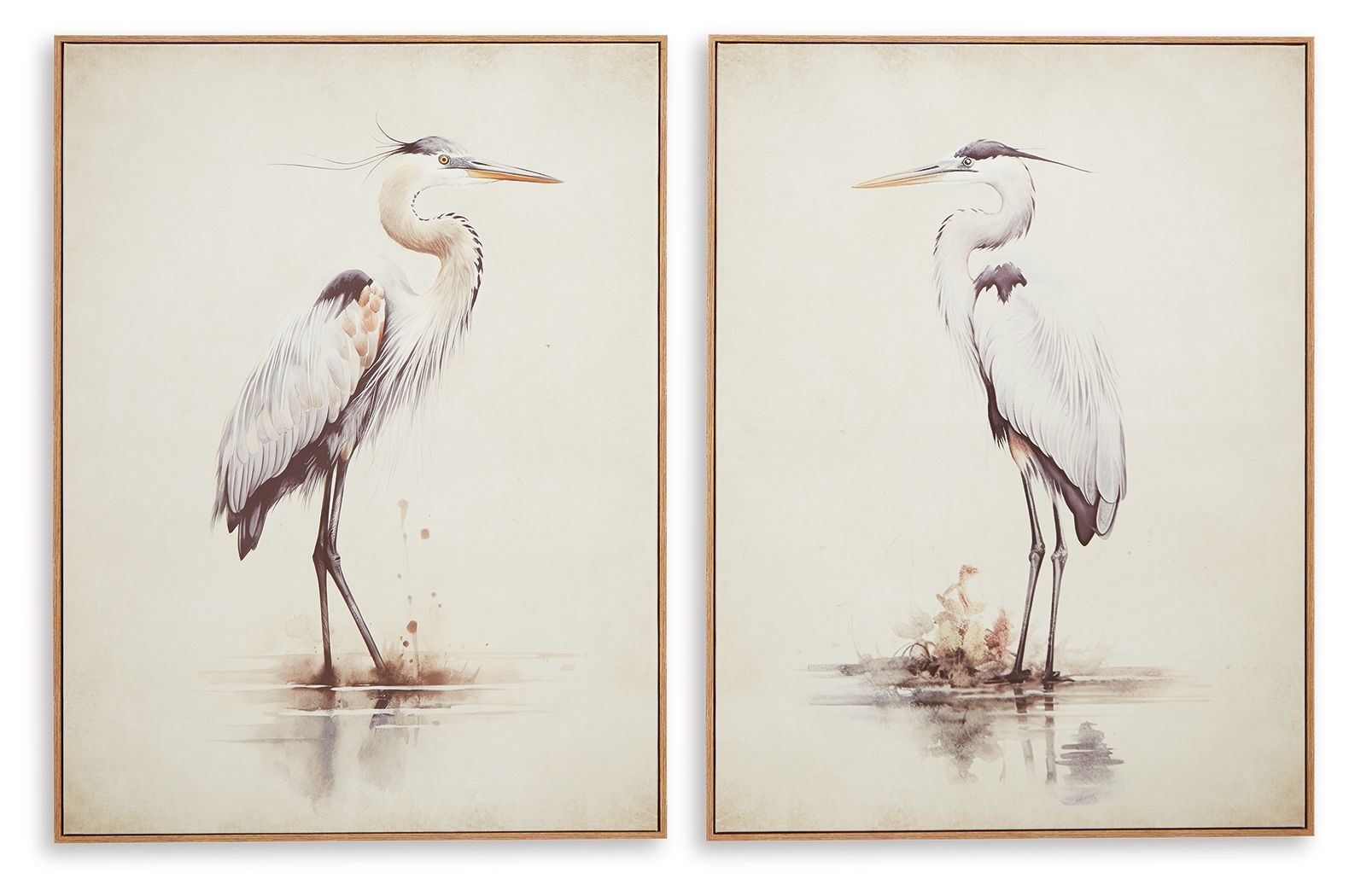 Beige framed bird wall art set of 2, heron prints on cream backgrounds
