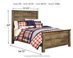 Panel bed with paneled headboard and dark brown frame, showing height and width