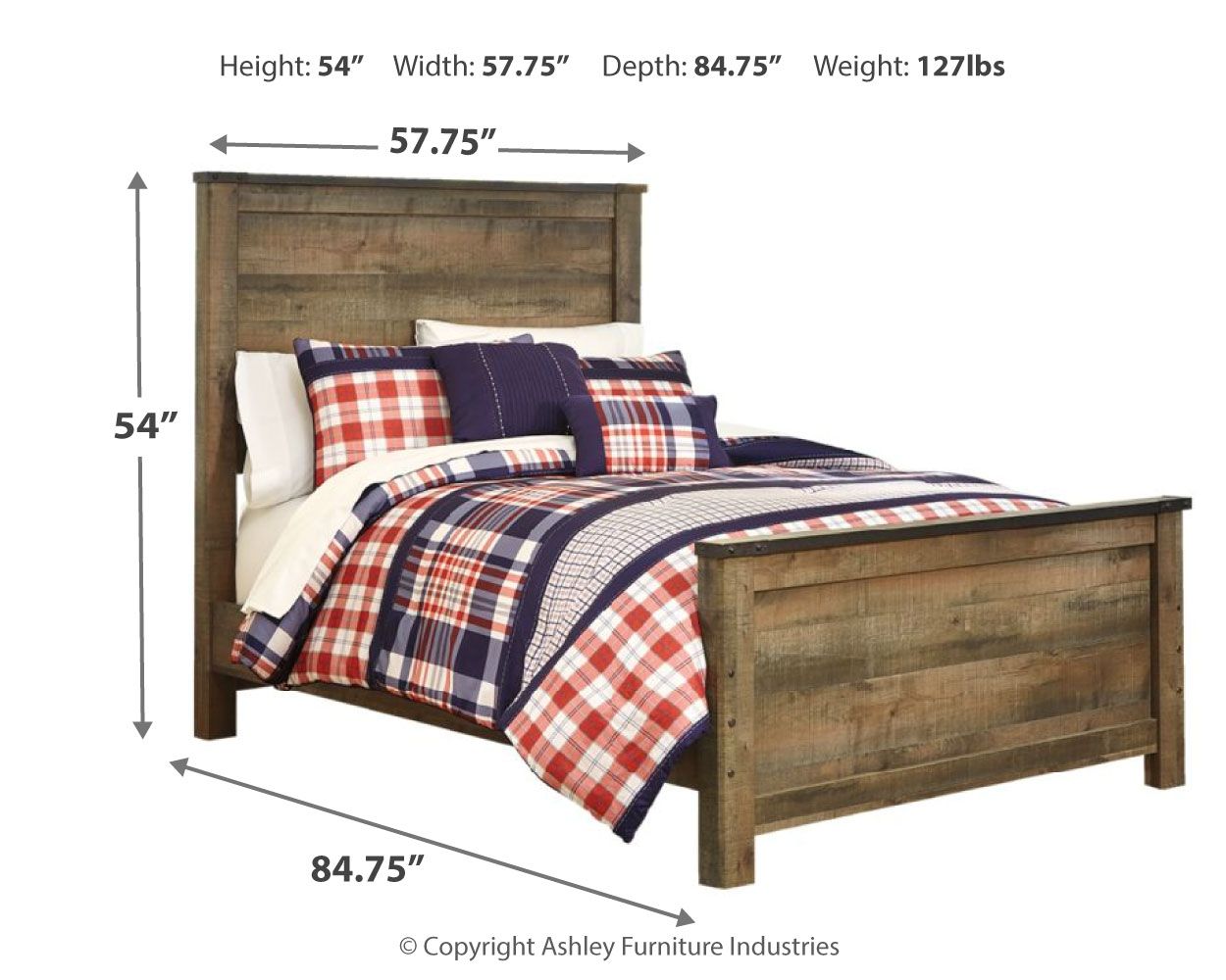 Panel bed with paneled headboard and dark brown frame, showing height and width