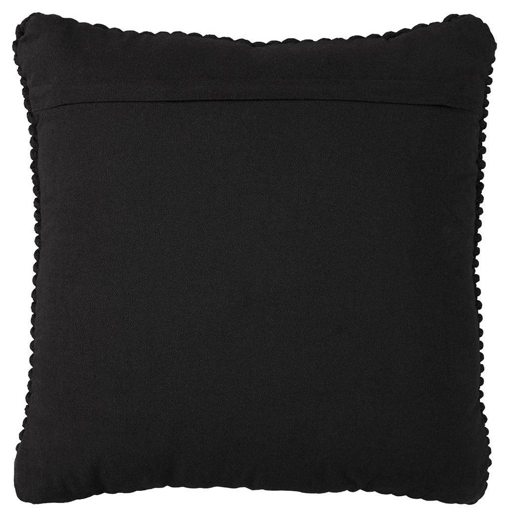 Black square throw pillow with smooth fabric and scalloped edge trim.