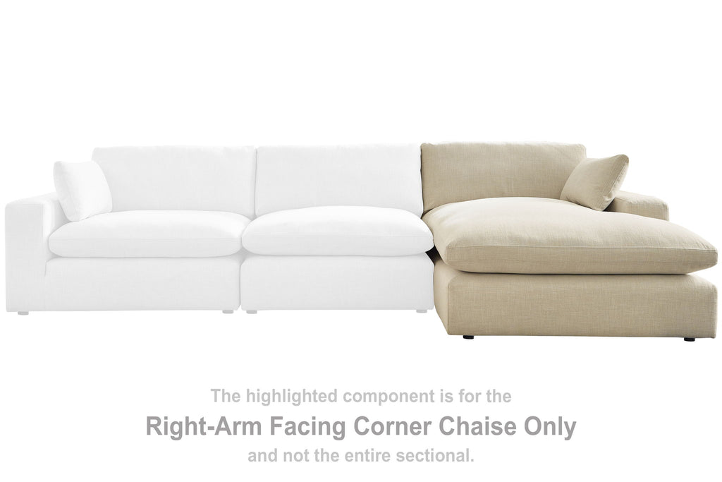 Right-arm facing corner chaise component in light linen with back and side cushions.