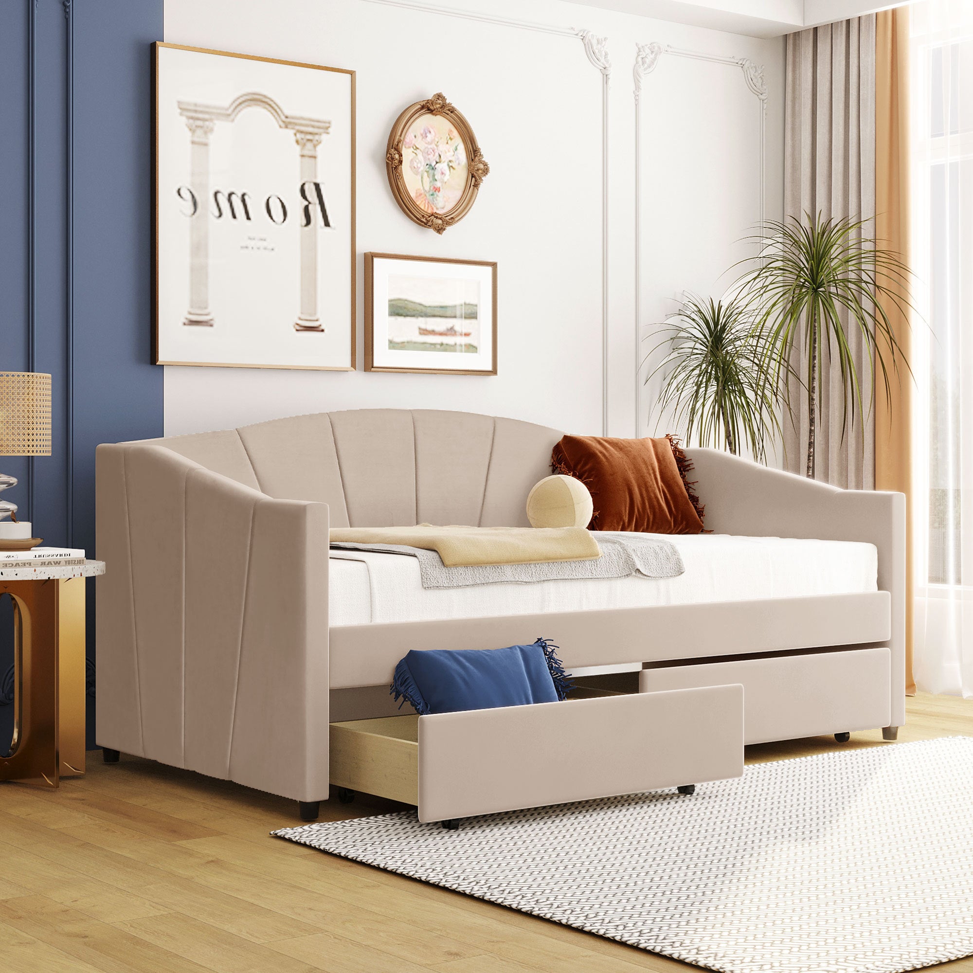 Beige Upholstered Twin Daybed with 2 Drawers & Wood Slats