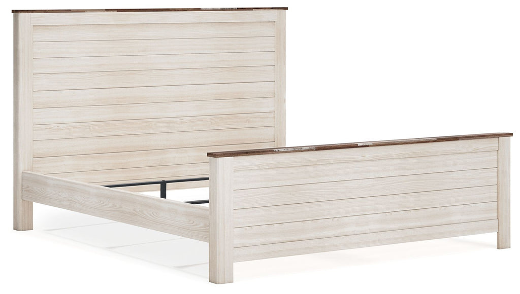 Beige panel bed frame with slatted headboard and footboard, minimal view