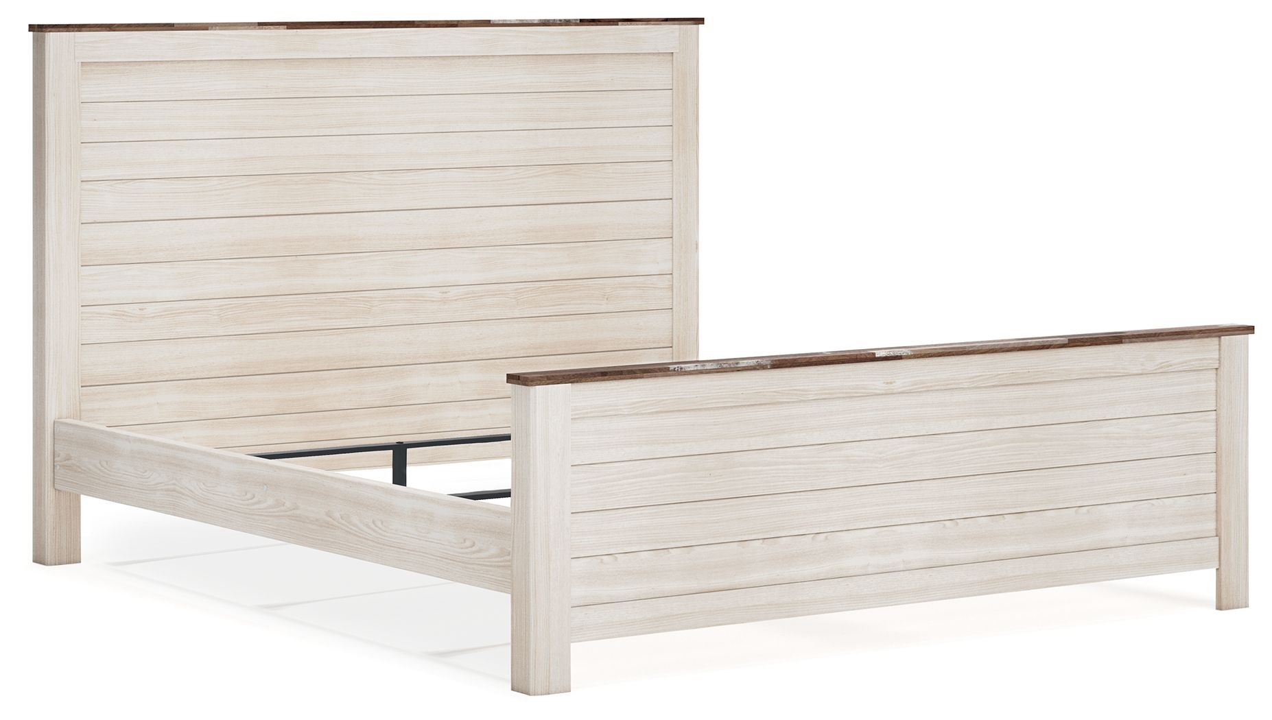 Beige panel bed frame with slatted headboard and footboard, minimal view