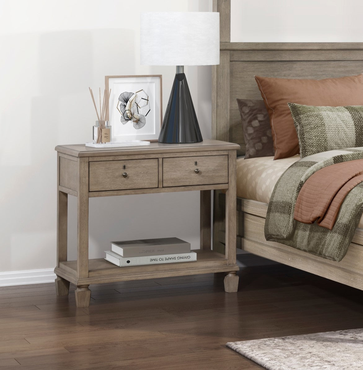 Gray Oak Transitional Nightstand - 2 Drawers, Open Shelf