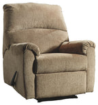 Mocha fabric recliner chair with padded arms and extended footrest