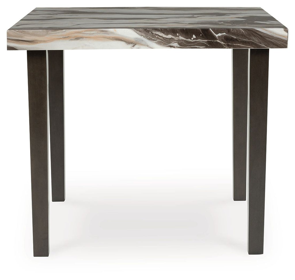 Square dining counter table with straight dark legs and marble-look top