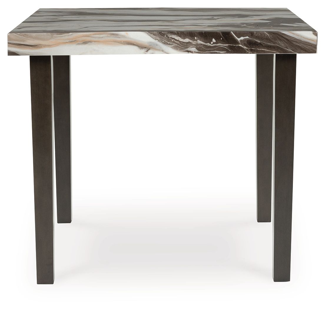 Square dining counter table with straight dark legs and marble-look top