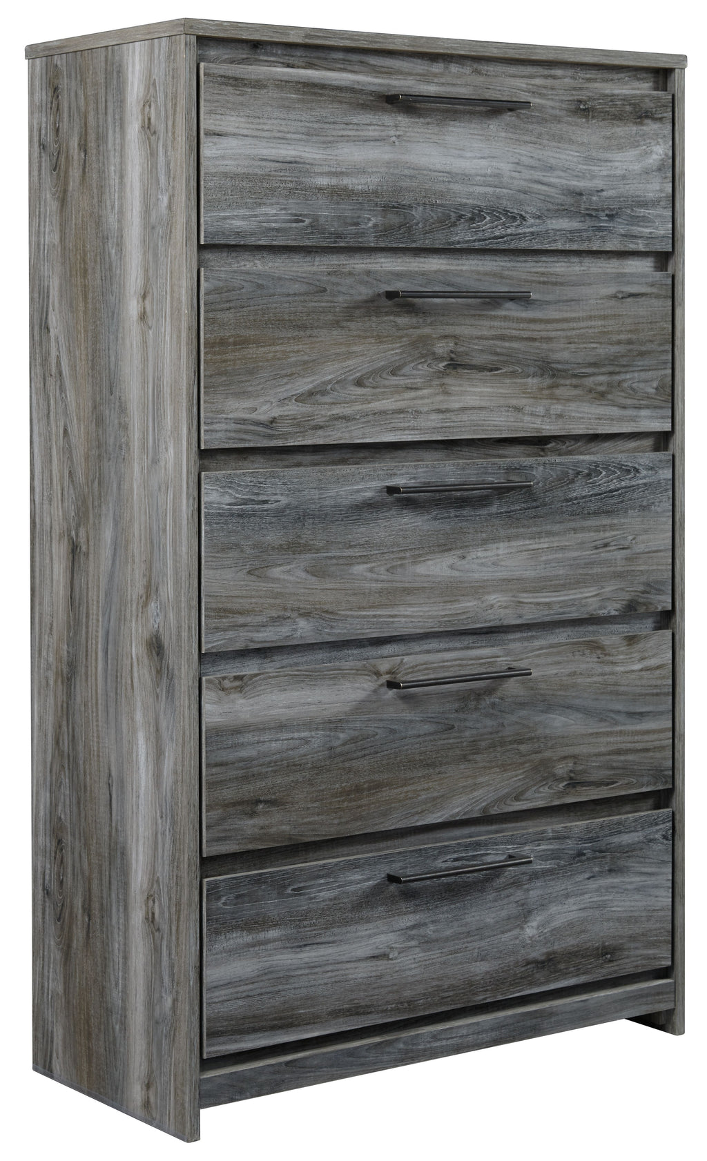 Five-drawer chest in gray wood with five horizontal drawers and bar handles