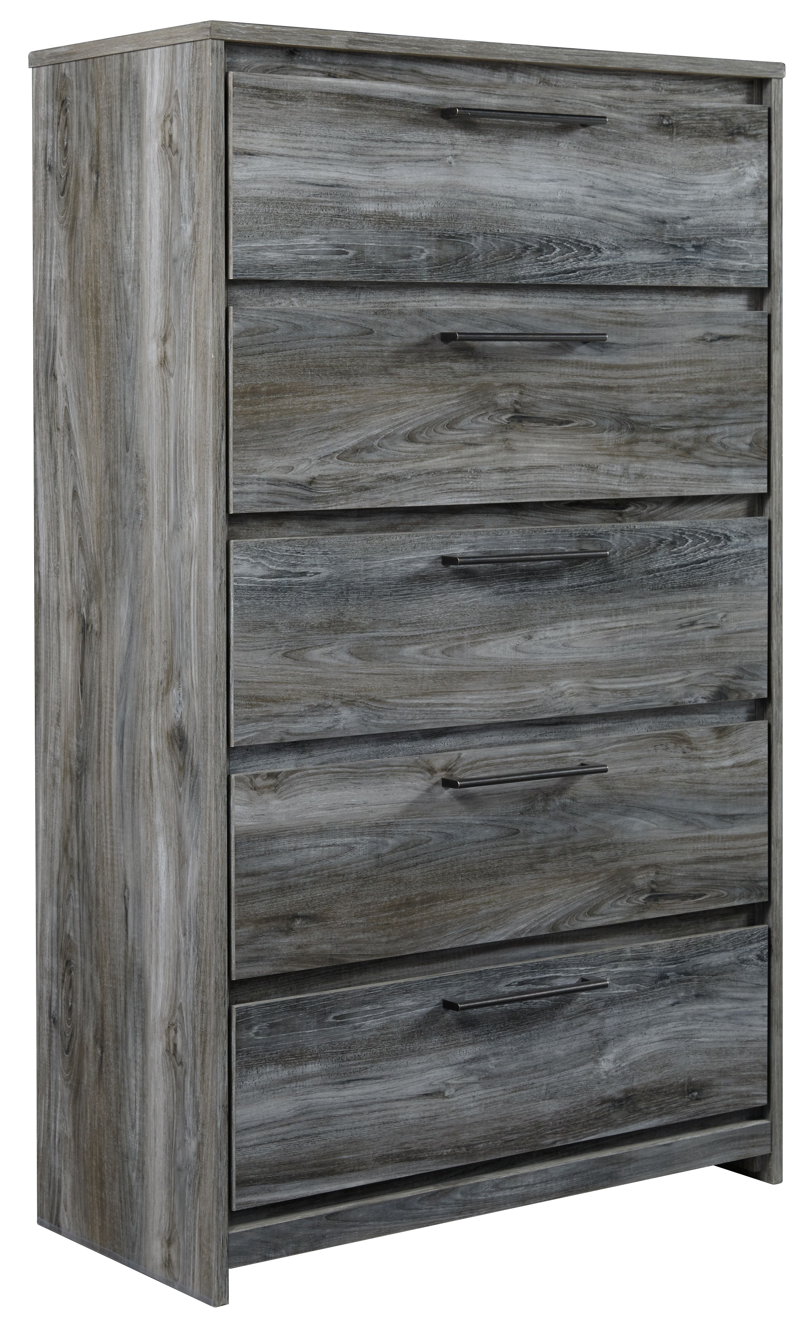 Five-drawer chest in gray wood with five horizontal drawers and bar handles