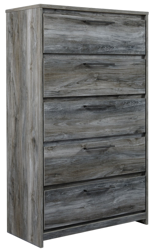 Five-drawer chest in gray wood with five horizontal drawers and bar handles