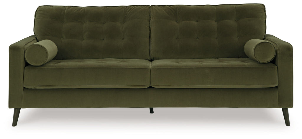 Olive green velvet sofa with tufted back and rolled arms, exposed dark legs.