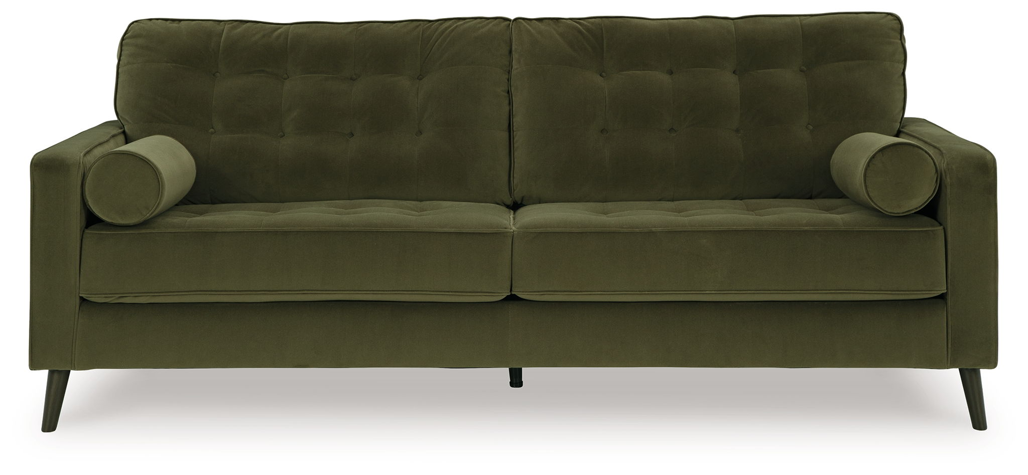 Olive green velvet sofa with tufted back and rolled arms, exposed dark legs.