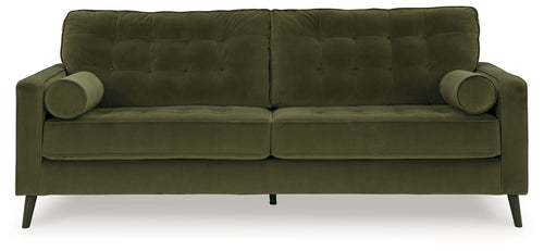 Olive green velvet sofa with tufted back and rolled arms, exposed dark legs.