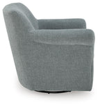 Gray upholstered swivel accent chair with wide arms and squared back