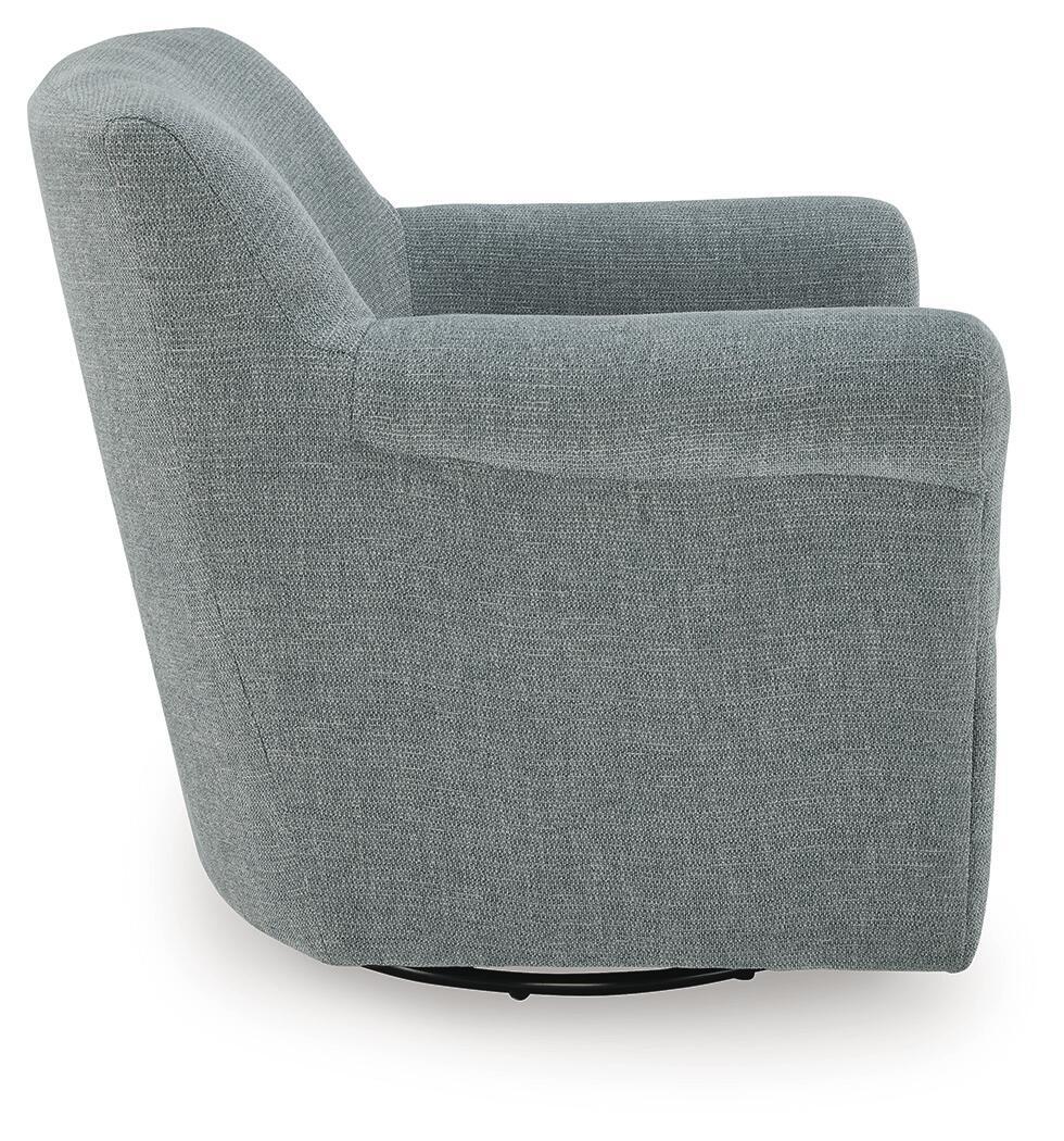 Gray upholstered swivel accent chair with wide arms and squared back