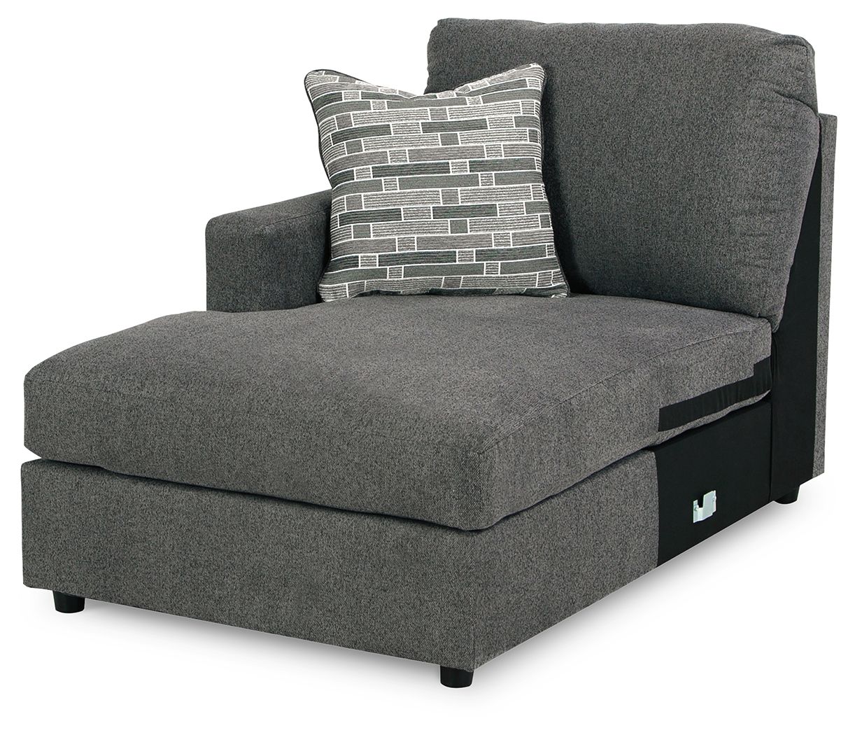 Corner chaise in dark gray fabric with two accent pillows and padded arm